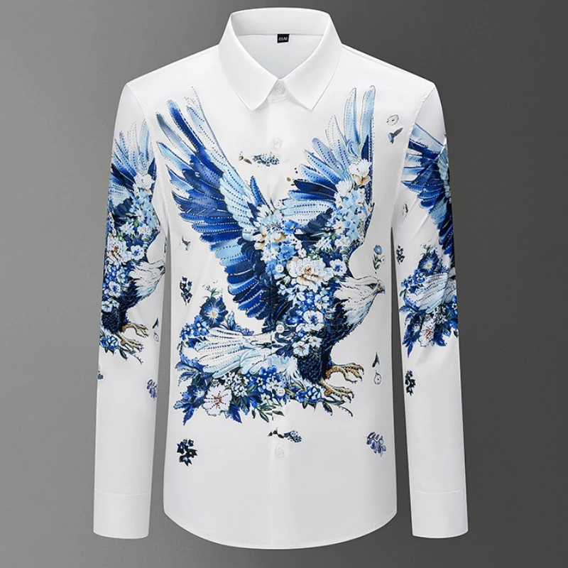 Luxury Rhinestone 3D Printed Men's Shirt Autumn Winter Long Sleeve Casual Shirts Social Banquet Party Stage Performance Costumes