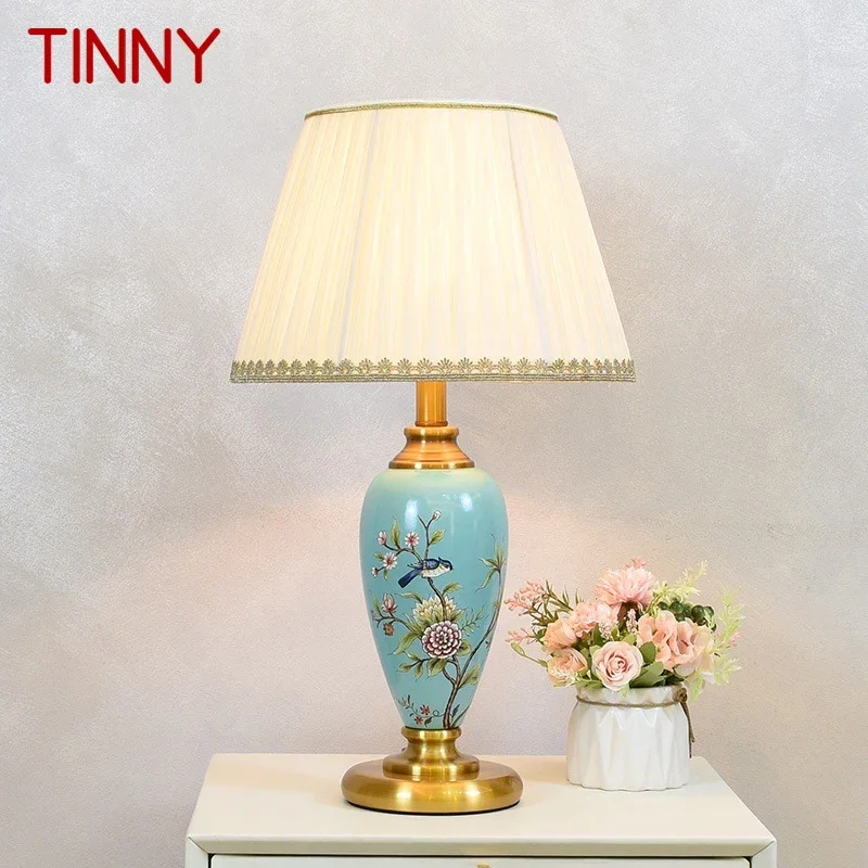 TINNY American Flower and Bird CeramicTable Lamp Creativity Living Room Bedroom Study Hotel engineering Desk Light