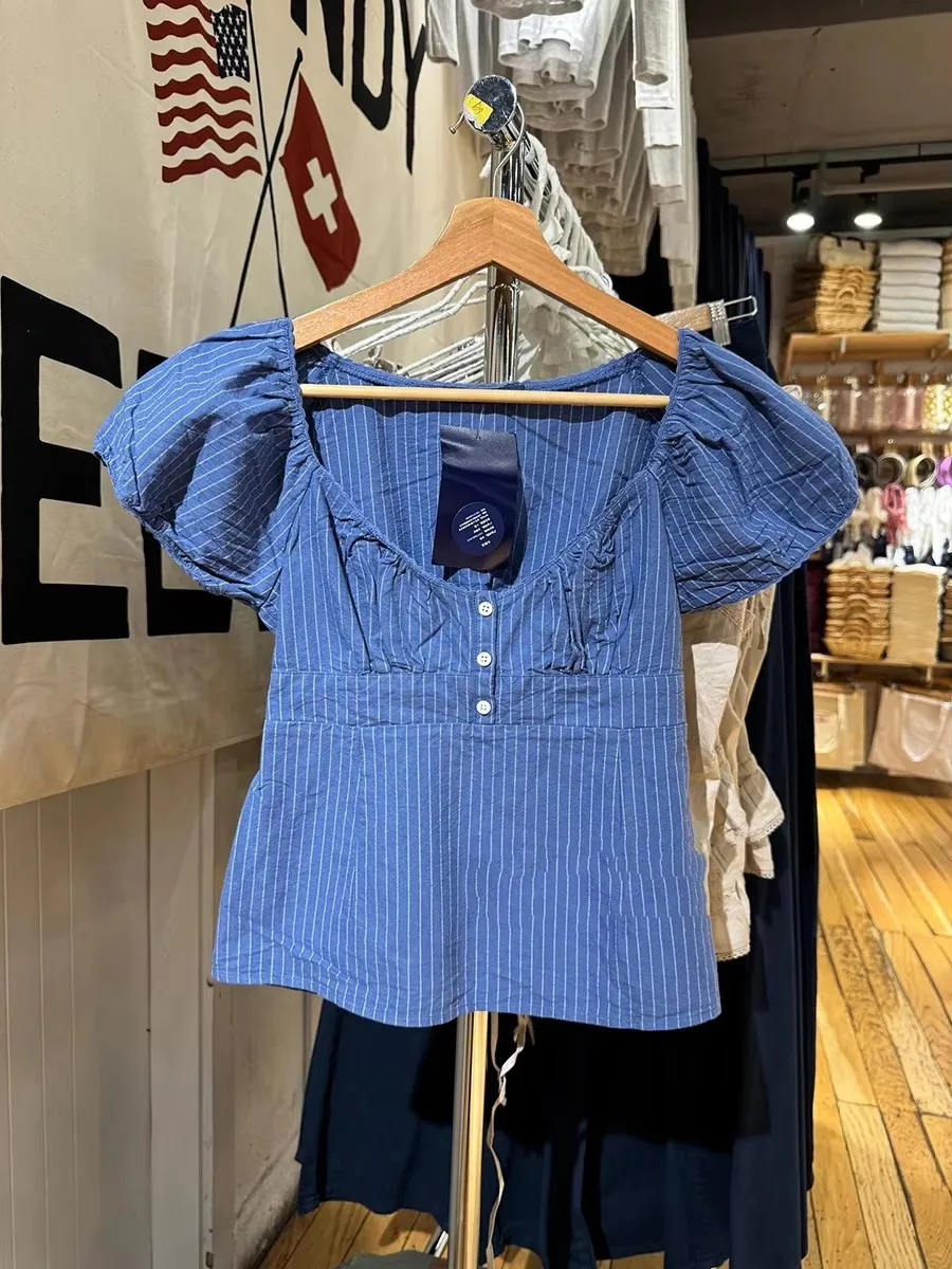 

Blue Striped Lace Trim T-shirts Women Summer Casual Cotton V-neck Sexy Button Crop Tops Female Sweet Classic Chic Blouse Tees
