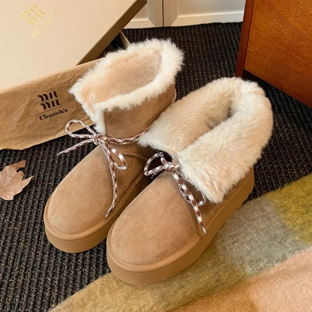 

New Winter Style Women's Warm Fur-lined Thickened Fashionable Snow Boots with Laces and Bowknot Comfortable and Cozy