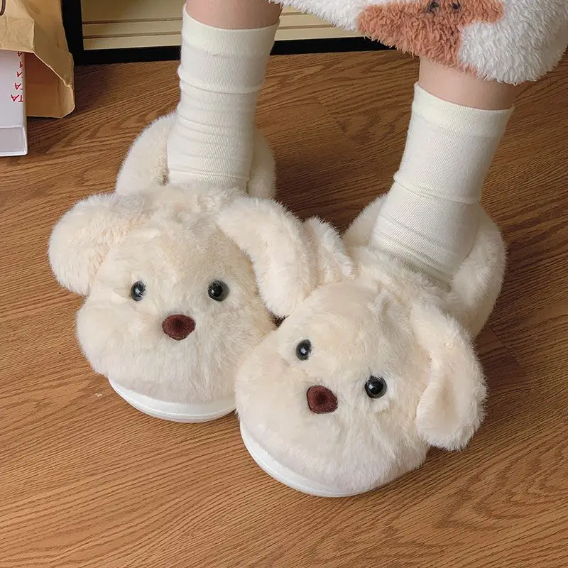 

Cute Puppy Cotton Slippers for Women Winter Warm Thick-Soled Non-Slip Velvet Lined Indoor Home Wool Shoes Slippers