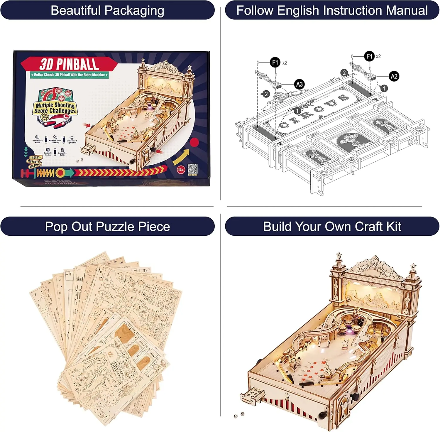 Wooden Puzzles 3D Pinball Machine Mechanical Model Wooden 3D Puzzles for Adults DIY Pinball Game Wooden Puzzle-Model Building Ki