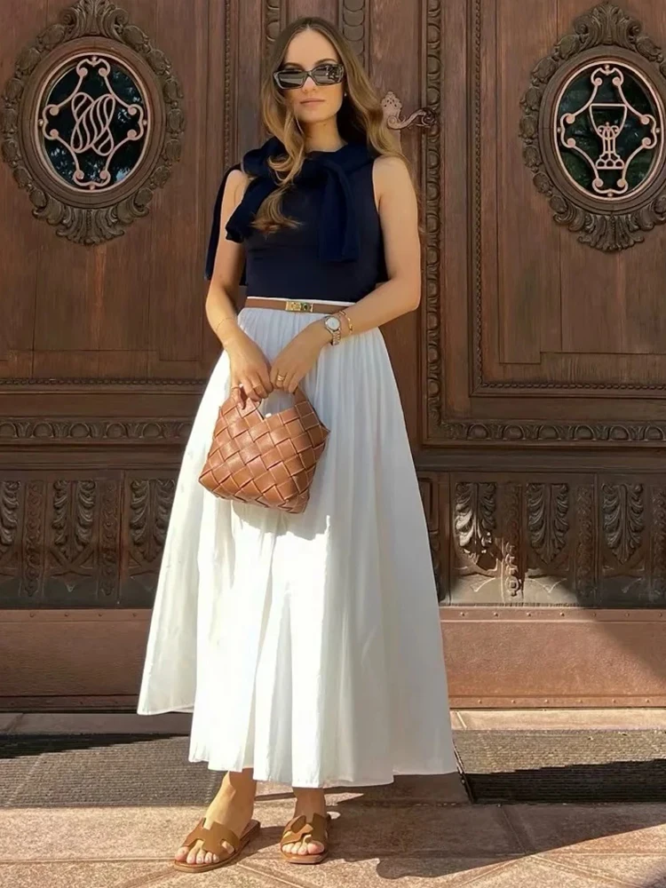 

Foridol Solid White A-line Long Skirt Spring Summer Women Elegant Pleated Skirt Bottoms 2024 High Waist Female Faldas Mujer