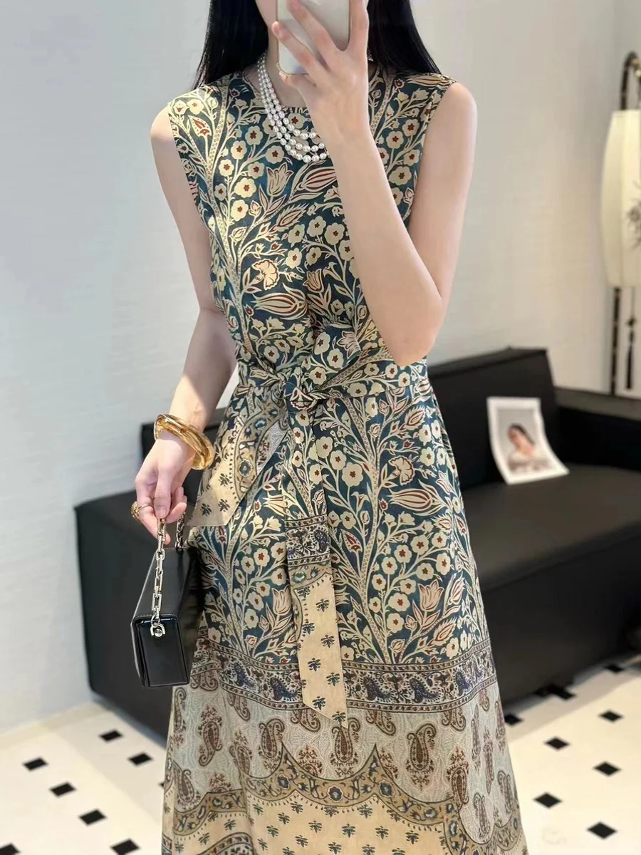 Bohemian pure silk belt fitted printed sleeveless summer dress