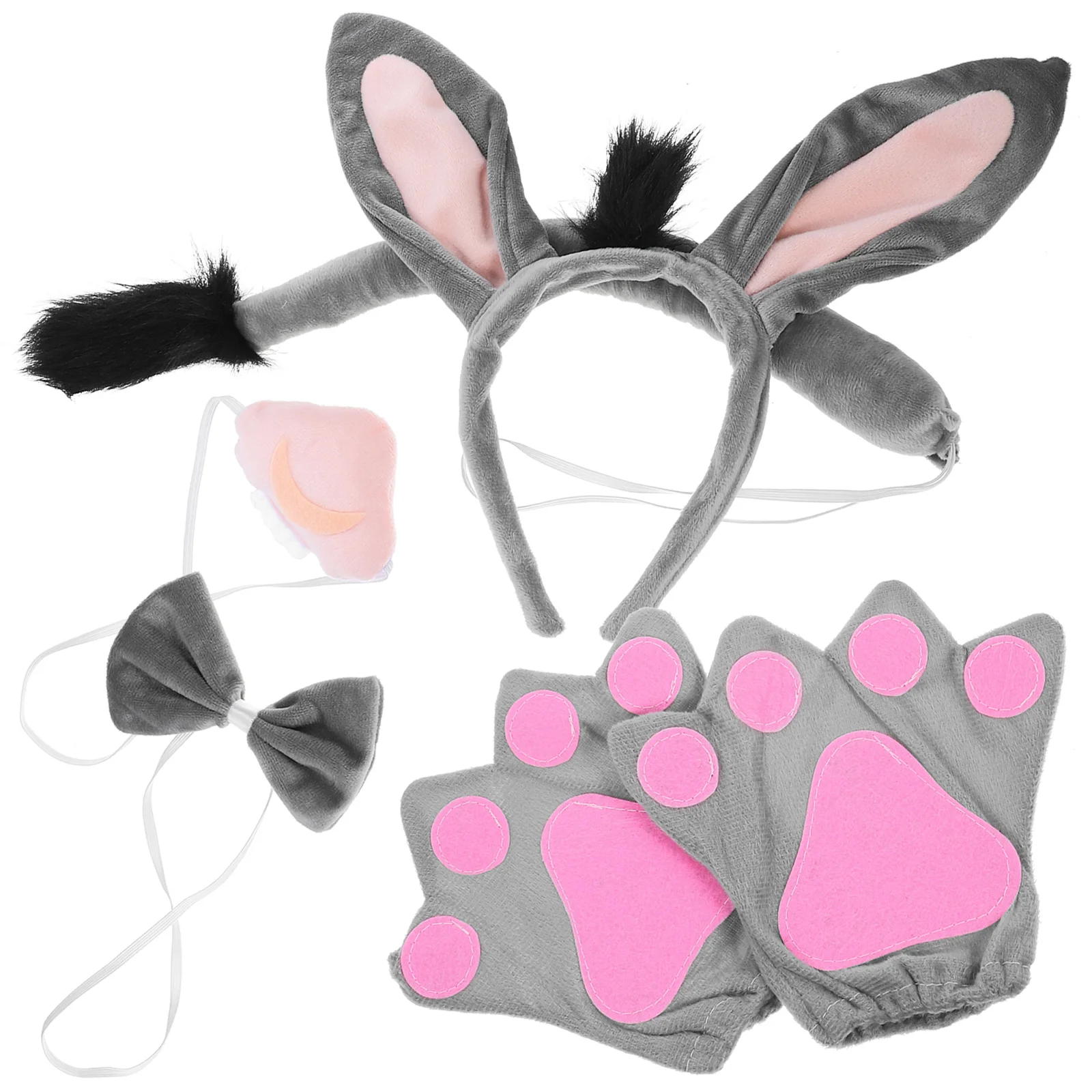 

Furry Donkey Headband 4 Piece Set Grey Animal Ear Headband Tail Bowtie Gloves Cosplay Costume Party Accessories