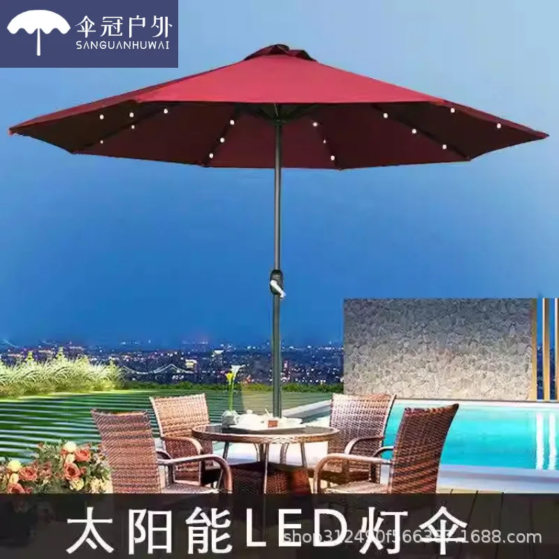 Leisure umbrella LED mid-column umbrella, light bulb Solar light-emitting hand crank Outdoor cafe Yasili anti-splashing