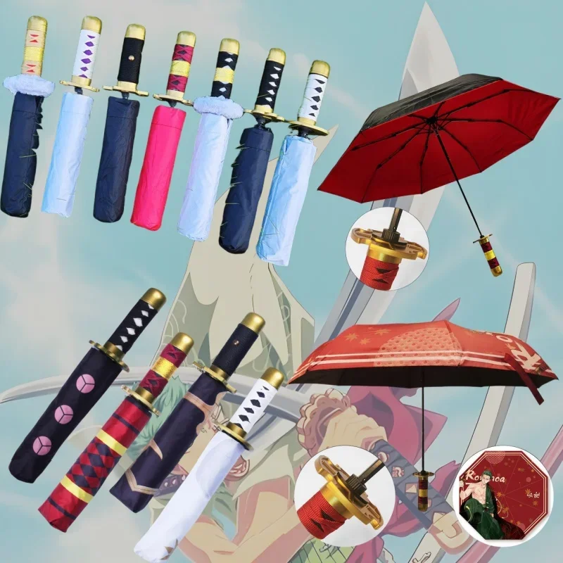 Demon Slayer Katana Umbrella 3-folding Roronoa Zoro Anime Sword Umbrella Kurosaki Ichigo Parasol Portable Windproof Rain Gear