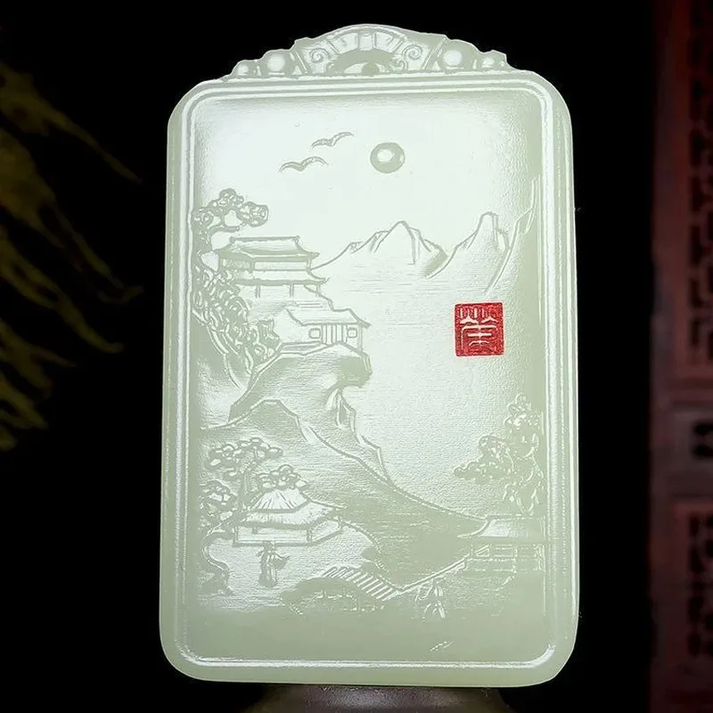 Natural Chinese Sapphire Hand Carved Landscape Pendant Fashion Boutique Jewelry Men and Women Necklace Popular Gift