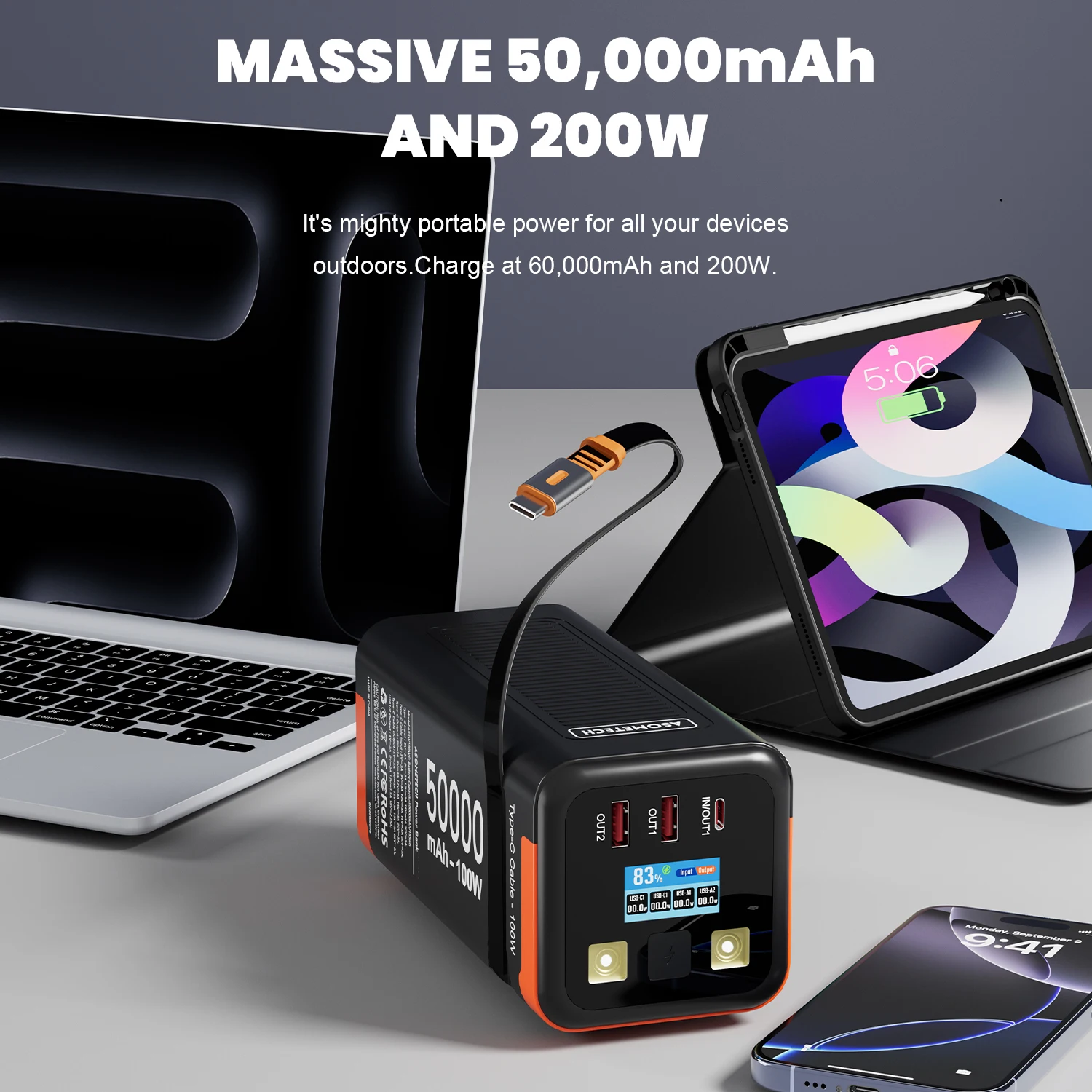 50000mAh Power Bank with 100W Fast Charging & Retractable Cable