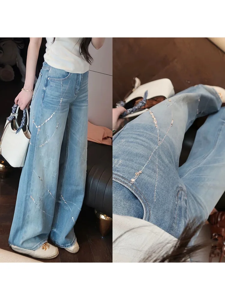 

Mimius Meteor Galaxy Heavy Duty Thin Denim Jeans Women's High Waist Straight Leg Wide Leg Old Fashioned Glittering Summer Lon...