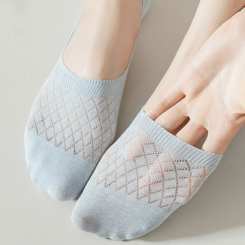 5Pairs Summer Mesh Invisible Socks Women Solid Colors Silicone Non-slip Breathable Comfor Low Cut Ultra-thin No Show Boat Sock image 2