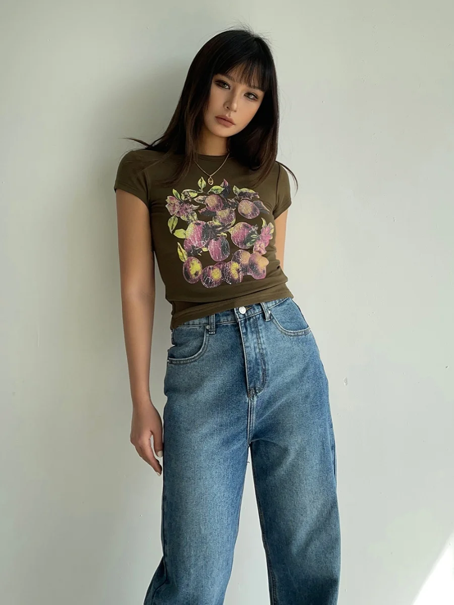 American Style Spicy Girl High Elastic Round Neck Printed Military Green Slim Short Sleeve T-shirt Top Damski Summer New WCJL