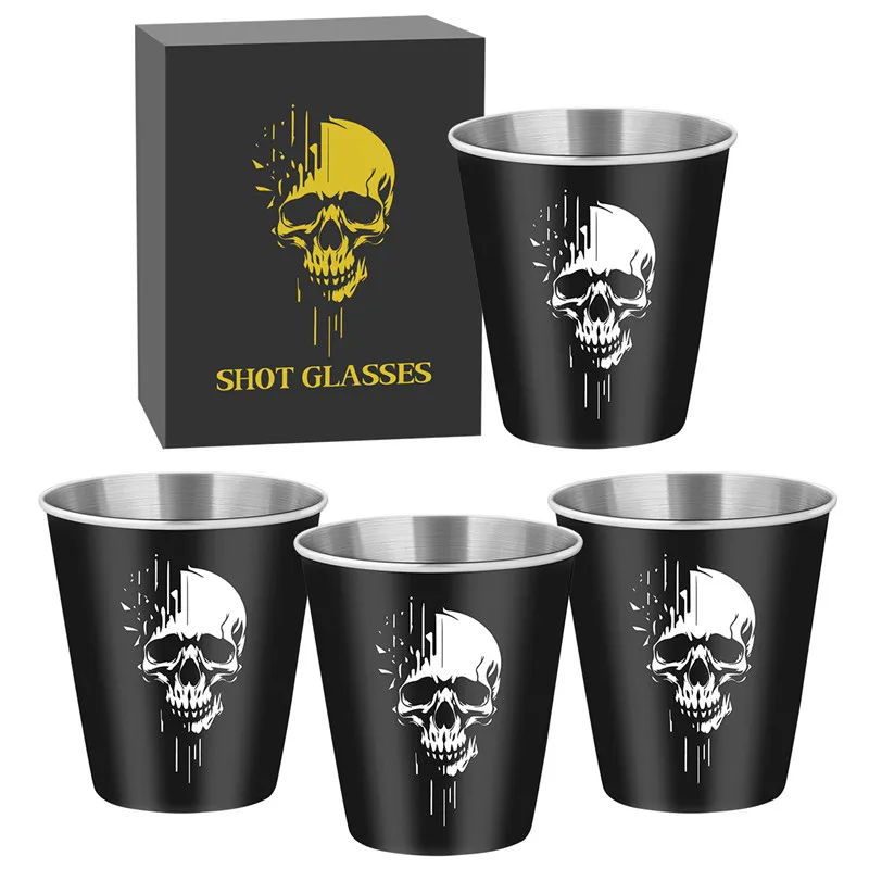 4pcs/set 70ml/2.39oz Skull Head Pattern Shot Glasses Metal Wine Liquor Cups for Kitchen Club Party Barware Event Wedding Gift