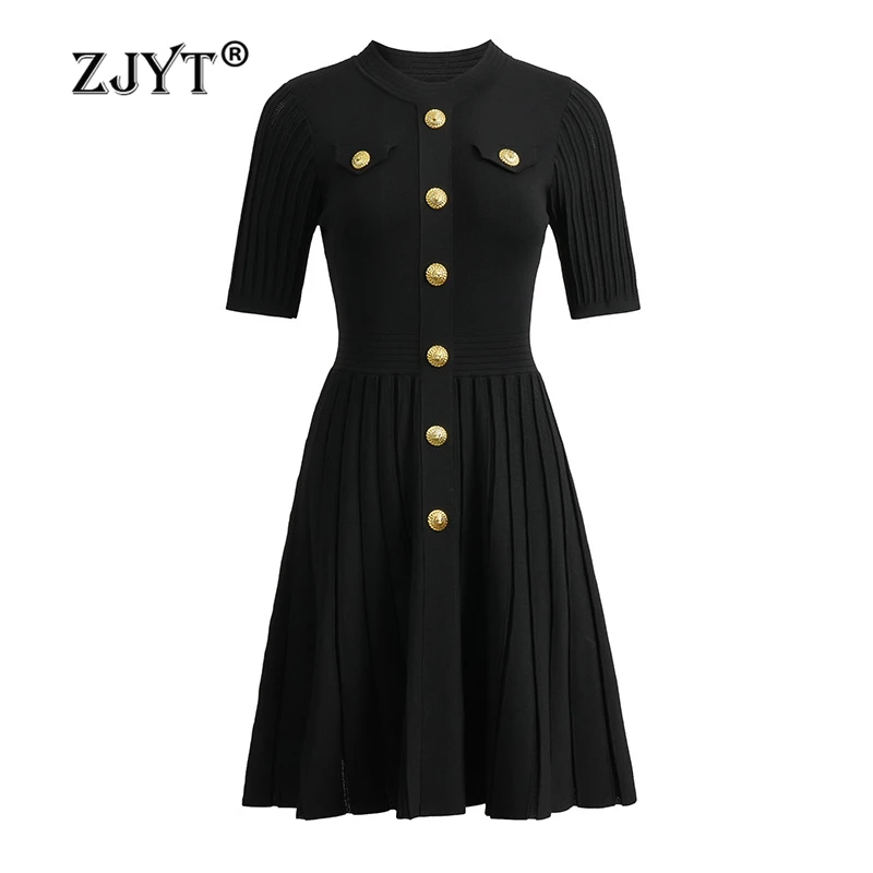 

ZJYT Summer Knitting Sweater Dresses for Women Fashion Short Sleeve Buttons Knitted Dress Aline Casual Party Vestidos Black New