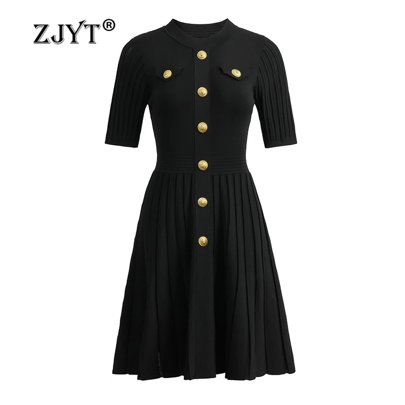 ZJYT Summer Knitting Sweater Dresses for Women Fashion Short Sleeve Buttons Knitted Dress Aline Casual Party Vestidos Black New