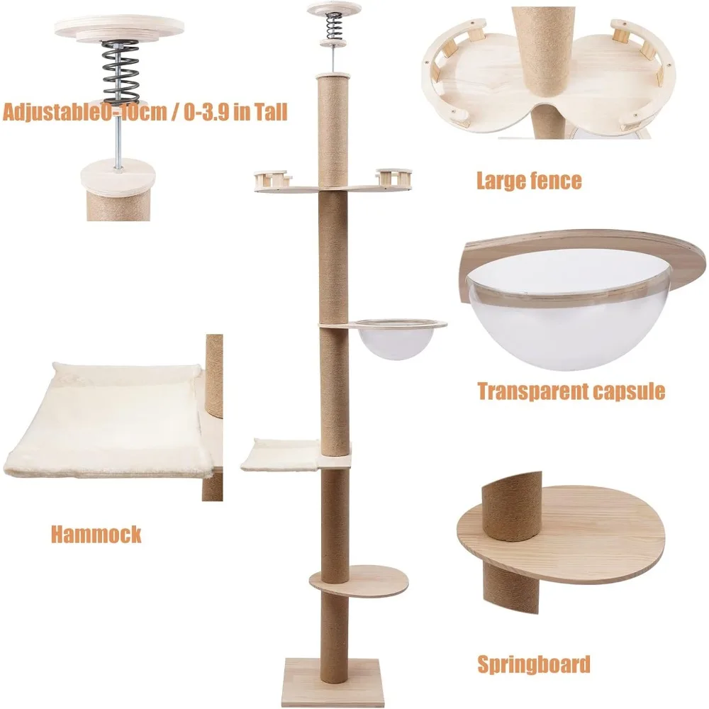 Árbol para gatos de 100,4-104,3 pulgadas, suelo al techo, cuerda de Sisal Natural, poste de escalada para rascar, árbol para gatos ajustable de varios niveles