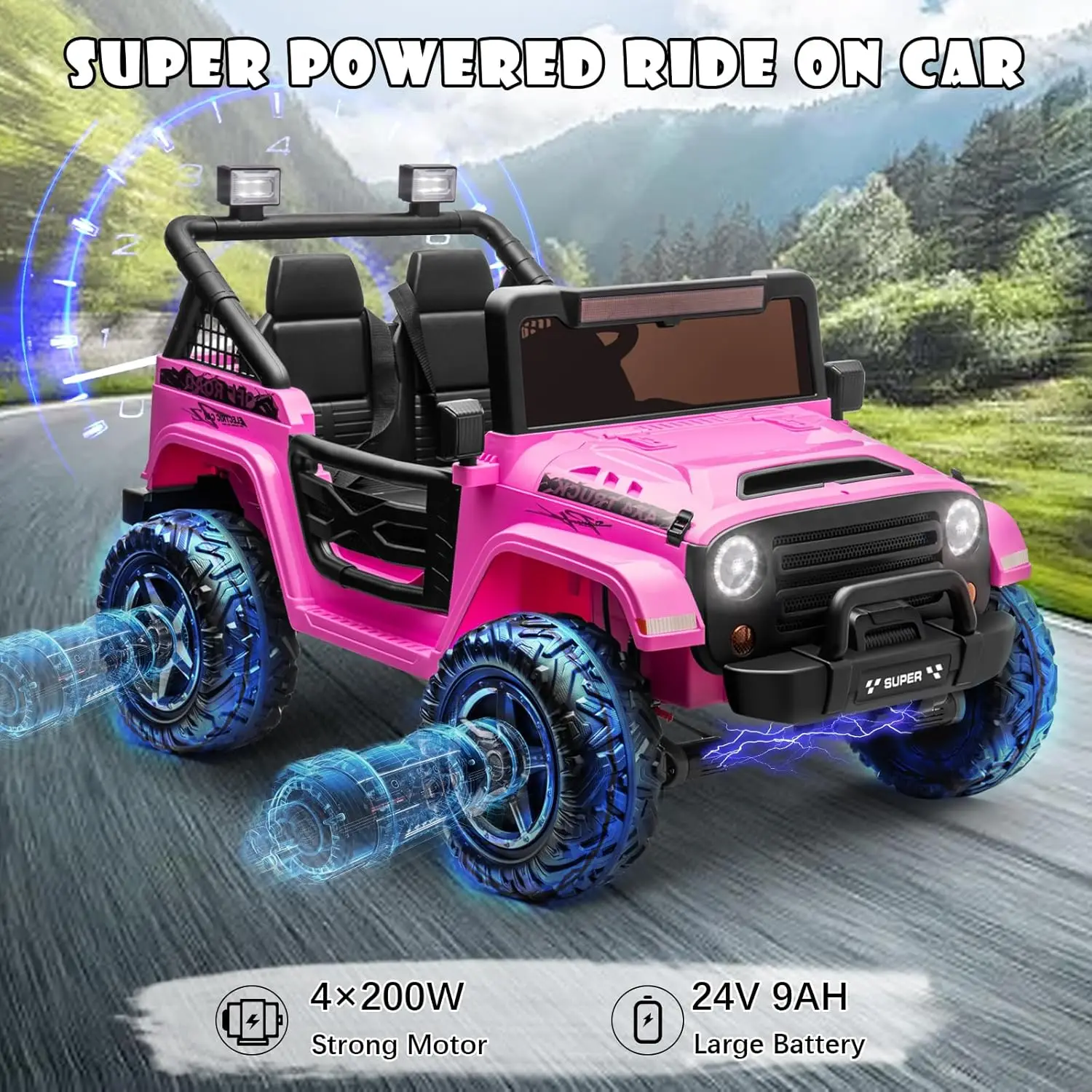 24V 4x4 Fahrt auf Autos Spielzeug für große Kinder, 9AH 5MPH Elektroautos Fahrzeuge für Kinder mit EVA-Reifen, 2 breite Sitzer, Elternfernbedienung, 4 Sh