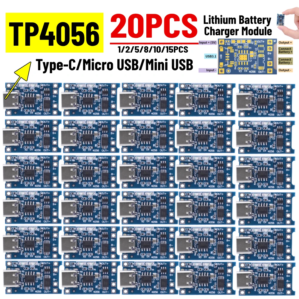 1-20PCS TP4056 18650 Lithium Battery Charger Module Type-C/Micro/Mini USB 5V 1A Charging Board With Protection Dual Functions 1A