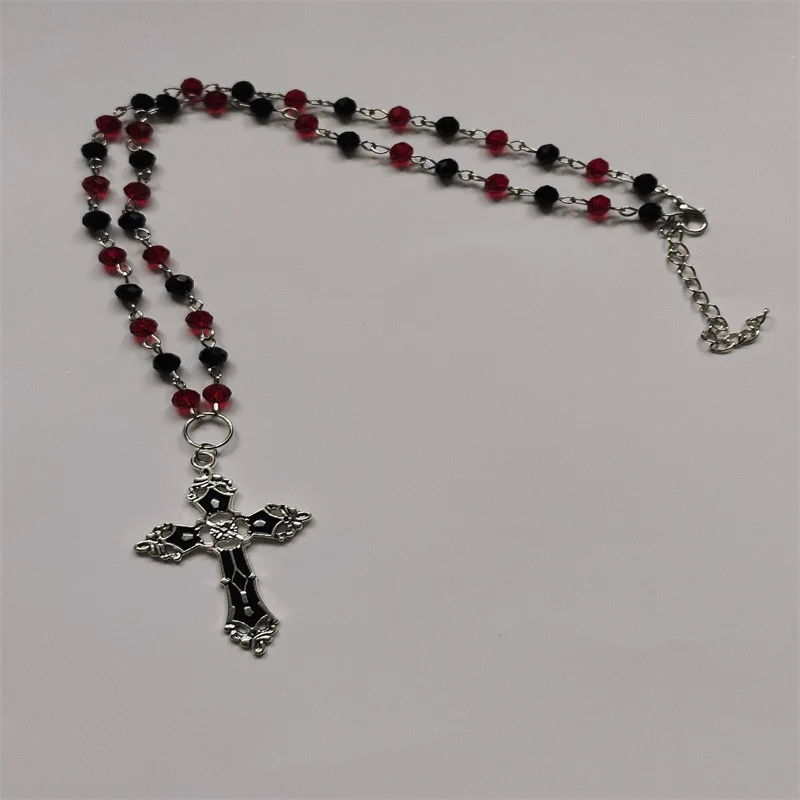 Gothic Rosary Necklace Red and Black,Long Goth Cross Necklace,Black Rosary Beads,Goth Necklace,Gothic Jewellery,Witch Jewellery