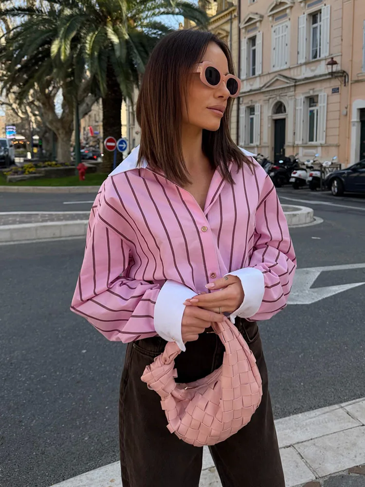 

HH 2026 Women Fashion Elegant Pink Striped Lapel Long Sleeve Single Breasted Shirt Spring Female Casual Loose Versatile Blouse
