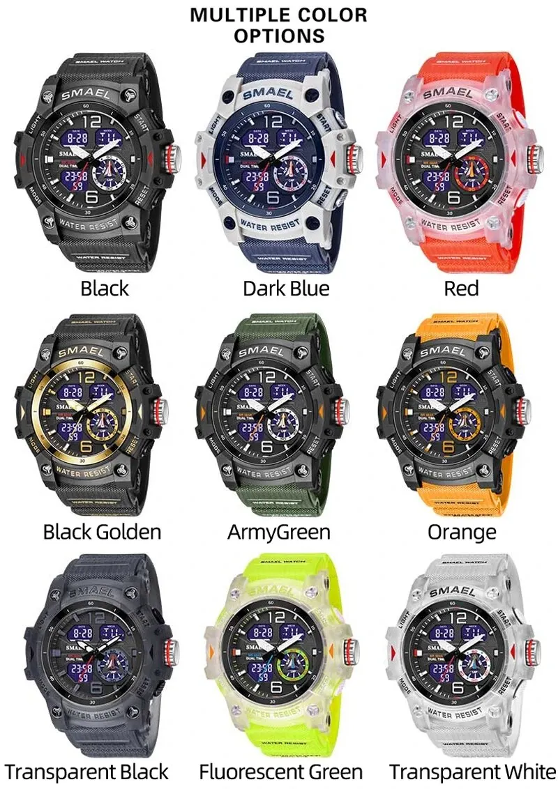 SMAEL Sport Watch Military Wristwatch for Men Alarm Stopwatch LED Digital Back Light Dual Time Display Waterproof Watch Men 8007