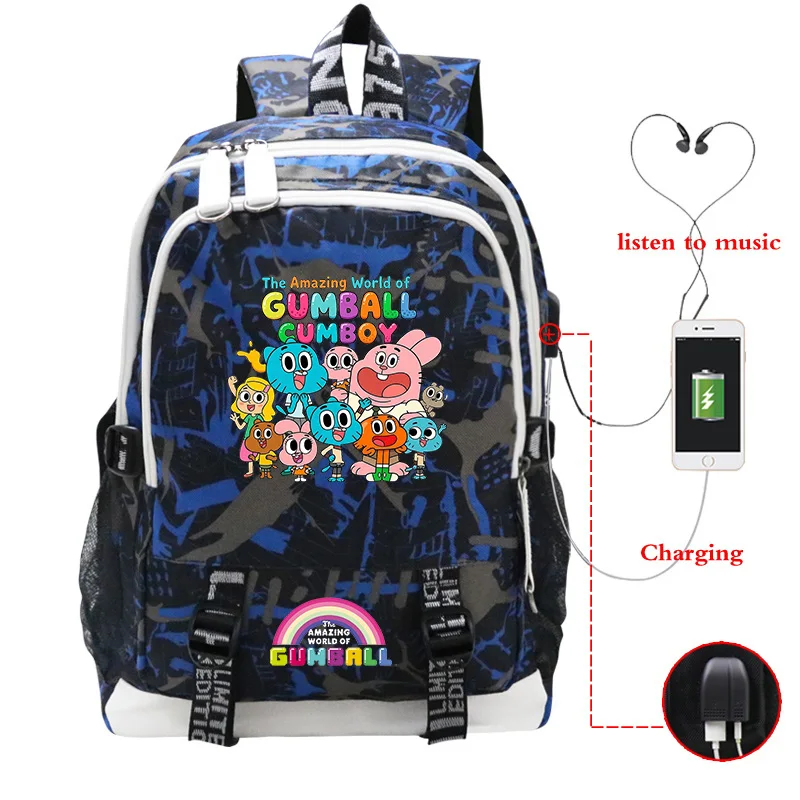 ガムボールの驚くべき世界-バックパック-男の子-女の子用スクールバッグ-usb充電付きスクールバッグ-ティーンエイジャー男性用-アウトドア旅行用バックパック