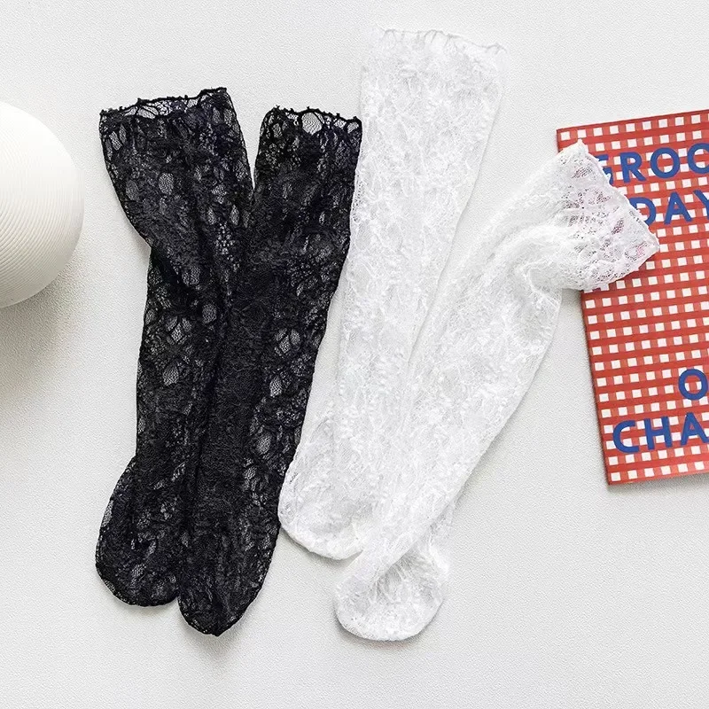 Sexy Women Lace Socks Japanese Lolita White Long Mesh Hosiery Summer Cartoon Flower Pattern Sock  Pregnant Women Accessories