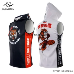 Muay Thai bluza z kapturem bez rękawów bokserskie bluzy męskie sztuki walki MMA walka Kickboxing T Shirt tygrys z kapturem Jiu Jitsu MMA Rashguard