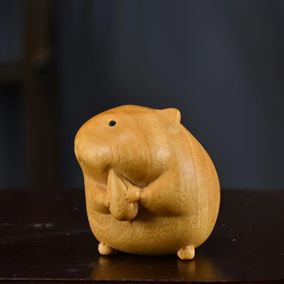 One Piece Solid Wood Carved Handcrafted Figurine of the Four Gluttonous Hamsters, Wooden Craft Gift, Cute Small Animal Ornament