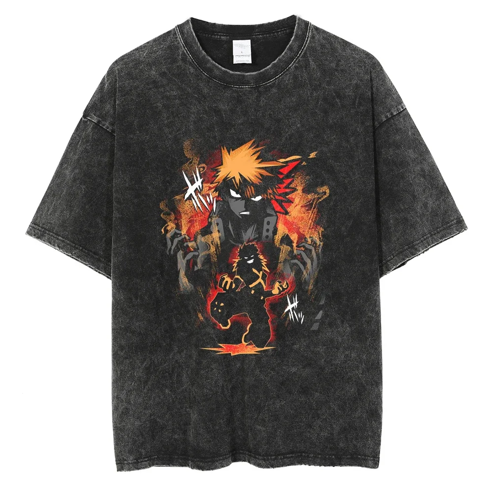 

Summer Men Washed T Shirt Japanese Anime My Hero Academia T-Shirt Hip Hop Streetwear Vintage Tops Cotton Short Sleeve Tshirt