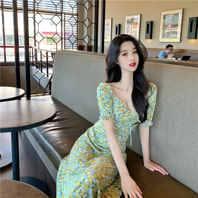 Clothing Midi Women's Dress Green Floral Female Dresses 2024 Flower Retro Hot Luxury Trendy One-piece Chic and Elegant Pretty X