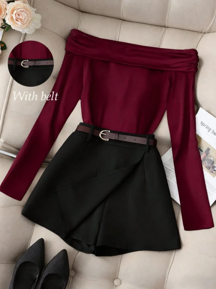 Conjunto de Dos Piezas para Mujer: Top de Manga Larga con Hombros Descubiertos y Falda Cruzada con Cinturón, Elegante y Casual para el Día a Día o Citas