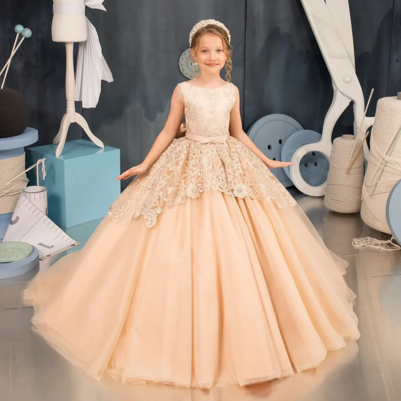 Champagne Flower Girl Dresses Satin Appliques Long Skirt With Bow Sleeveless For Wedding Birthday Banquet First Communion Gowns