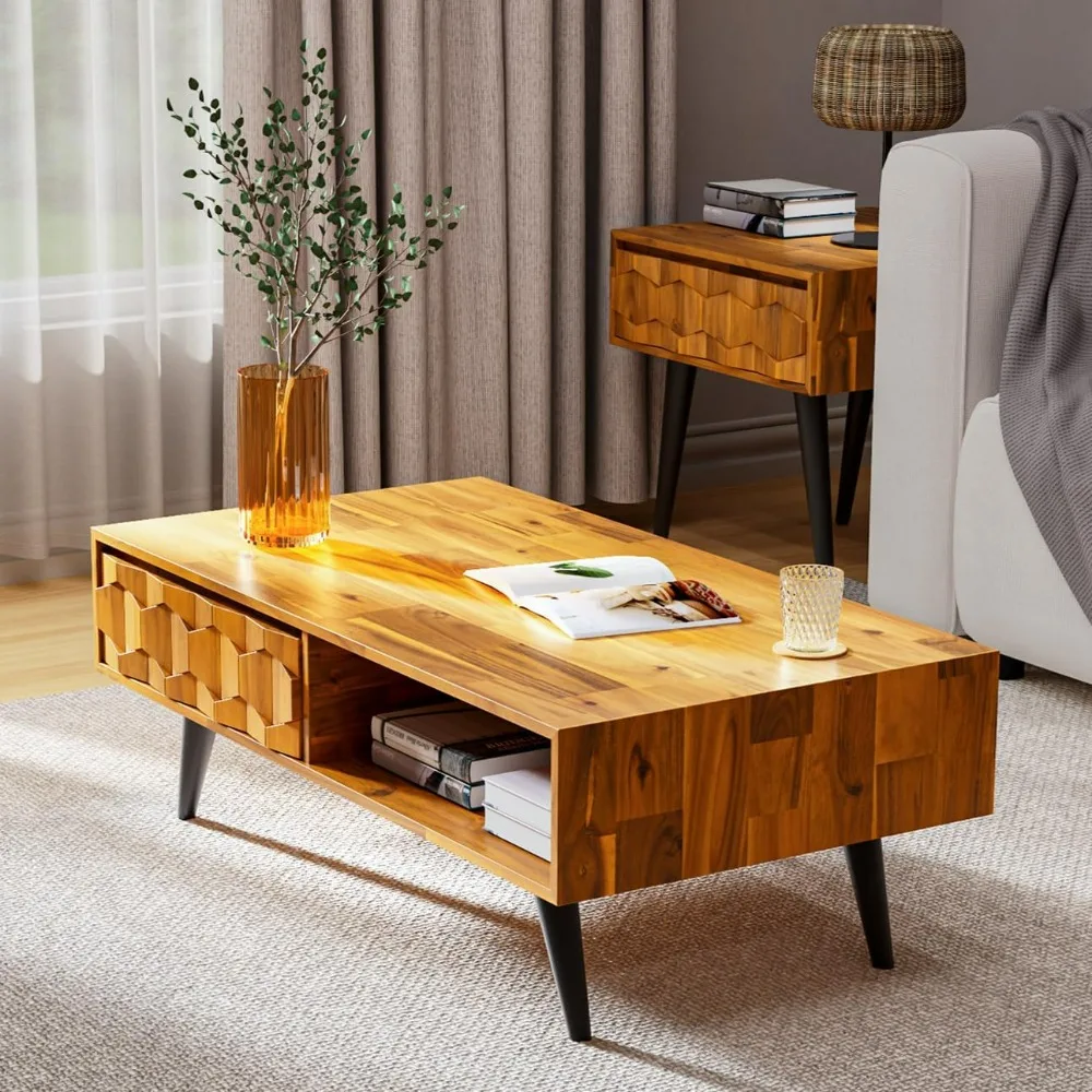 Solid Wood Coffee Tables for Living Room, Coffee Table Mid Century Modern with 2 Symmetrical Storage Drawers & Geometric Details