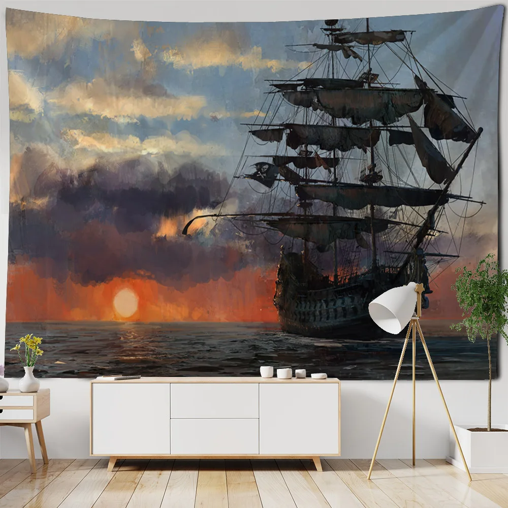 

Vintage ship sailing tapestry pirate ship wall hanging mysterious night waves bedroom living room dormitory home art decoration