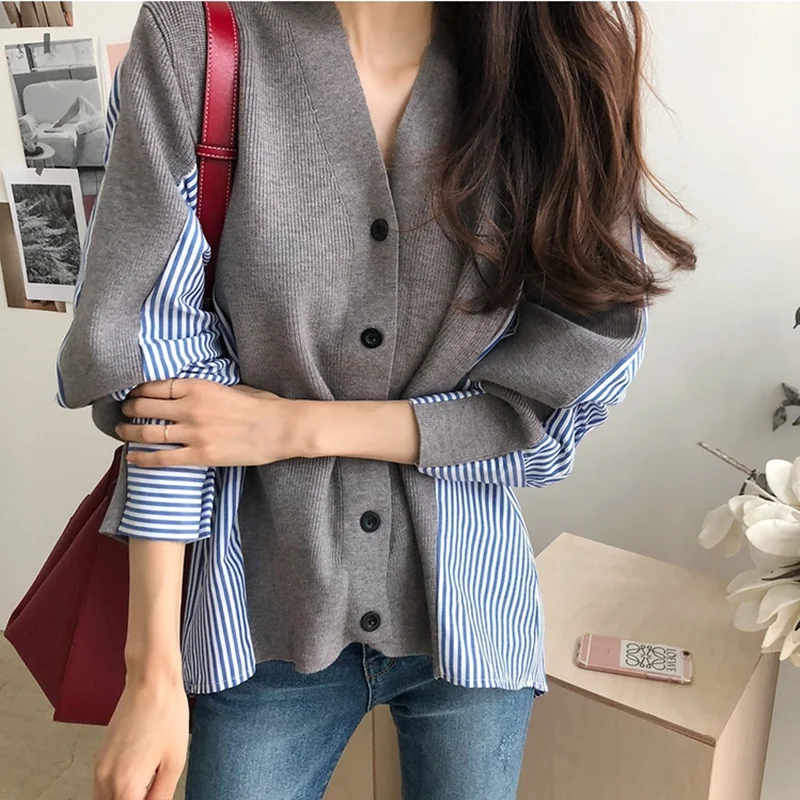 

Поддельный вязаный кардиган из двух частей, женская свободная рубашка в полоску, топ