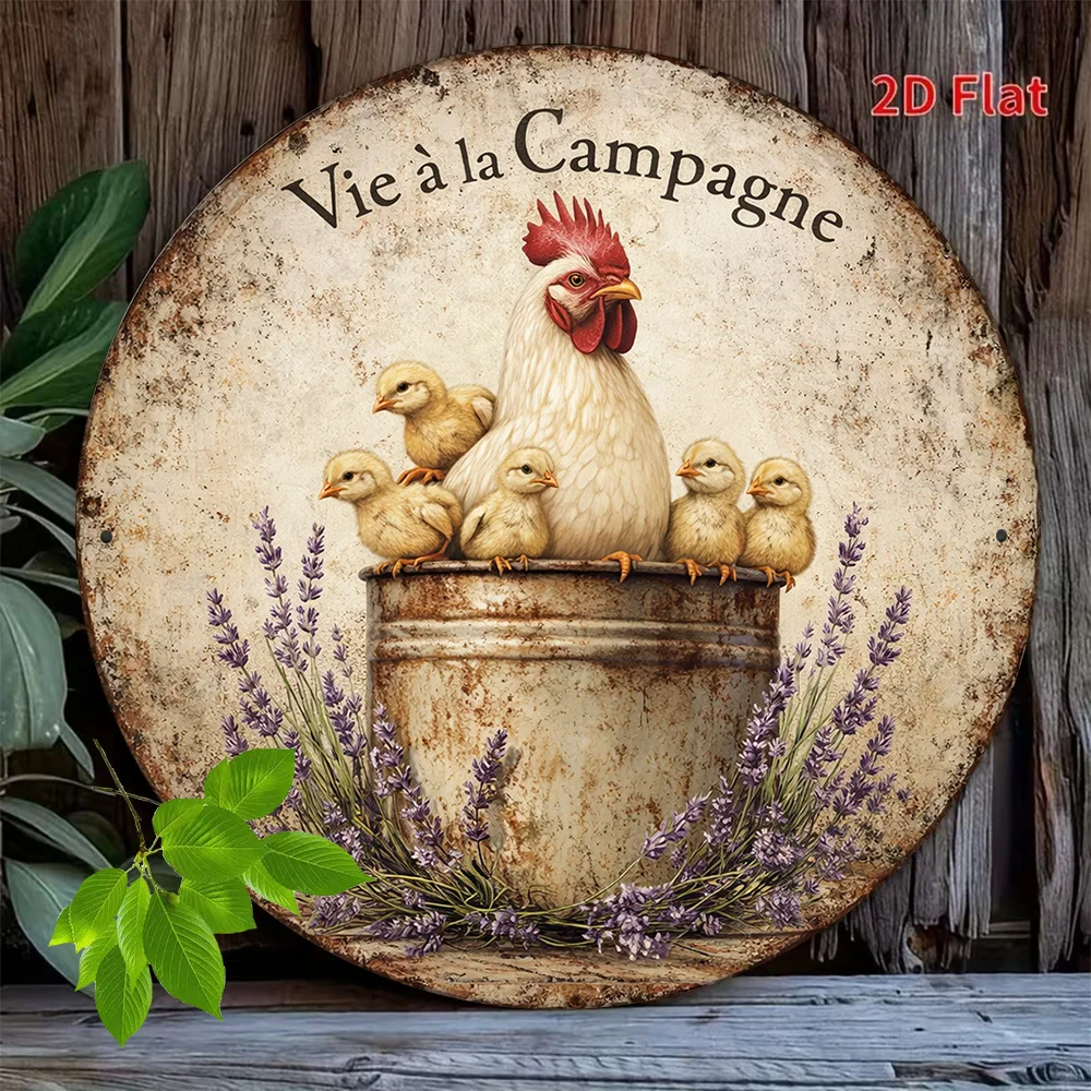 Vie à la Campagne Hen and Chicks - Letrero de metal - Placa decorativa vintage de metal duradero para pared, decoración de pared para el hogar, oficina, bar, o la cueva del hombre