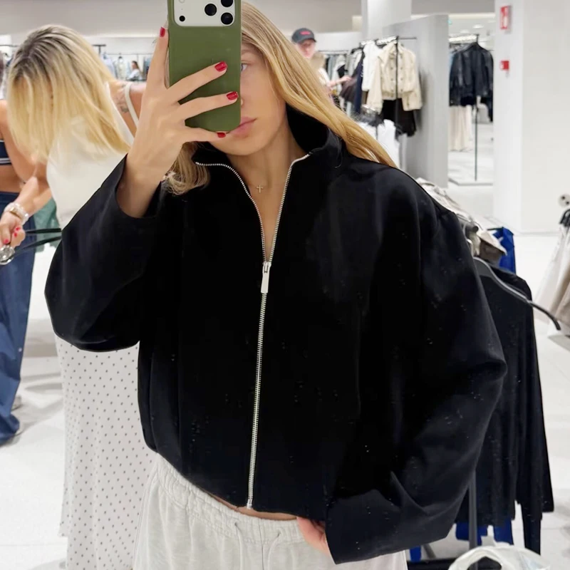 HXAO Kurze, lockere Jacke, Damen-Bomberjacke, Herbst, lässig, schwarz, rot, Oberbekleidung, Stehkragen, Reißverschluss, Oberteil für Damen, Bürojacke – Detail 7