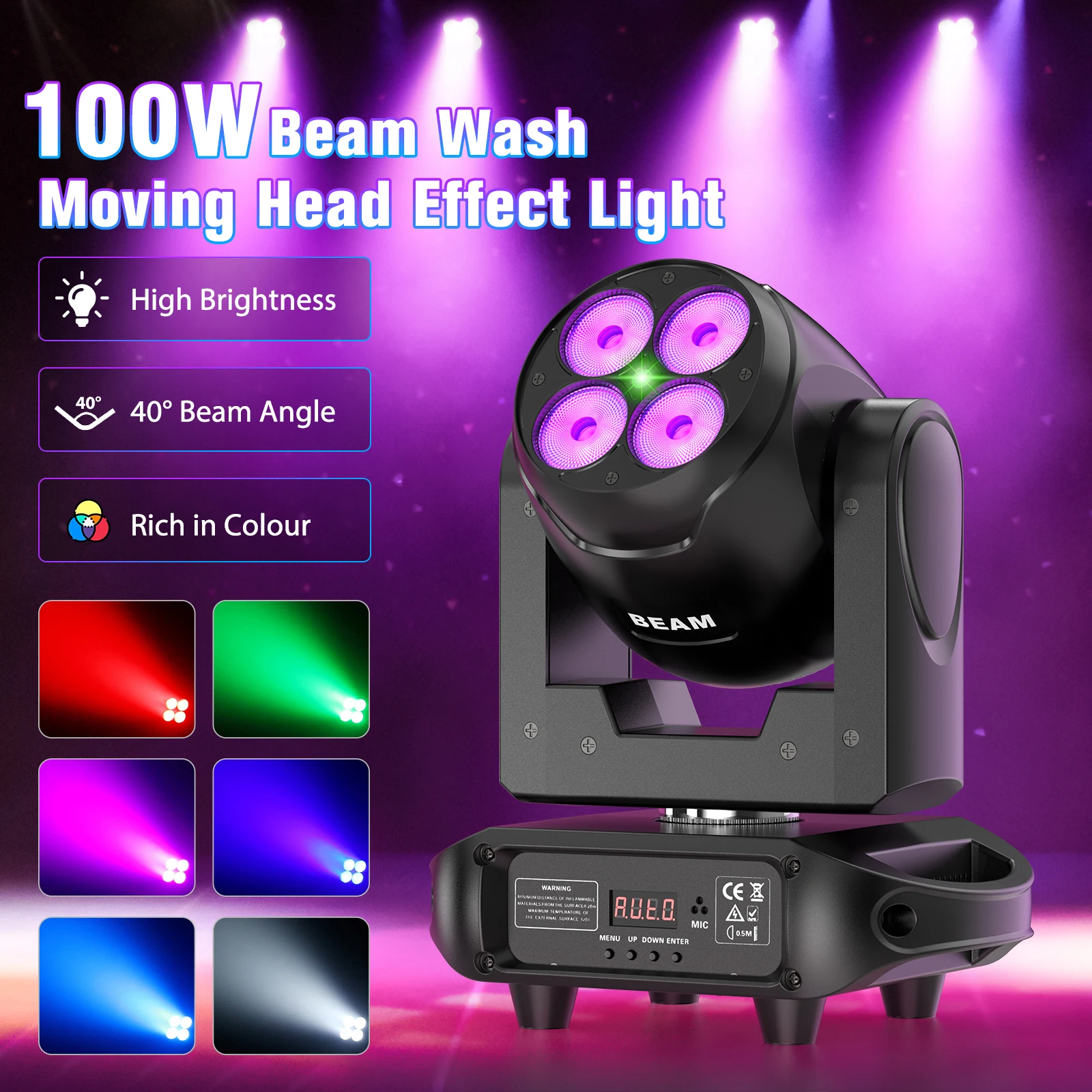 U'King 100W LED Moving Head Light 4x20W RGBW Bead Lamps DMX512 4in1 Beam Effect Stage Light for Disco Wedding Party Nightclub