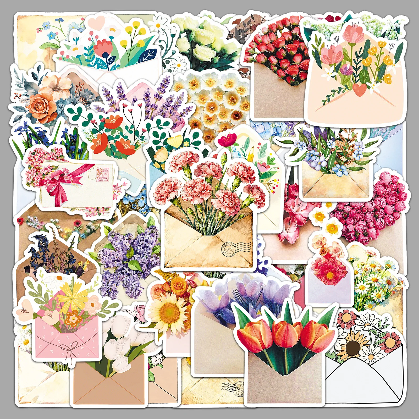 

50PCS Flower Envelope Aesthetic Stickers Vintage Watercolor Floral Cartoon Style DIY Decorative Waterproof Stickers Kids Toy