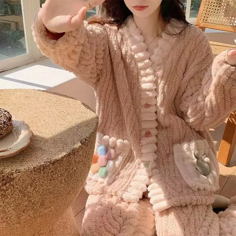 

Sleepwear Women Winter Warm Pajamas Sets Long Sleeve Flannel Fleece Loungewear Sets Kawaii Clothes Korean Cardigan Thick Pajamas