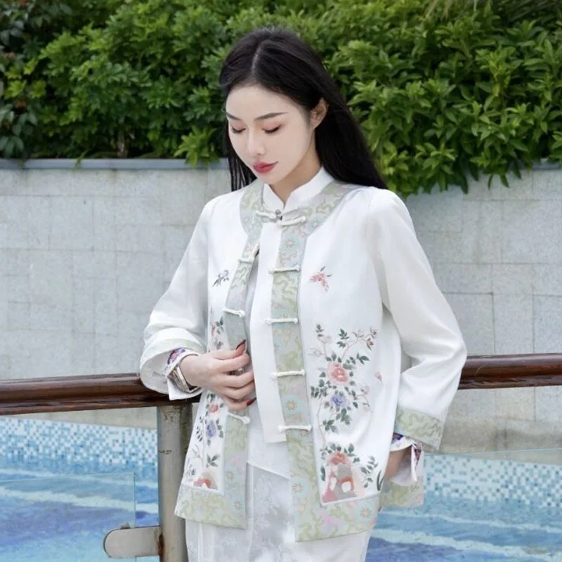 

High-end Satin Acetate Women Jacket Top Embroidery Flowers Tang Suit Elegant Lady Loose Coat Female S-XXL