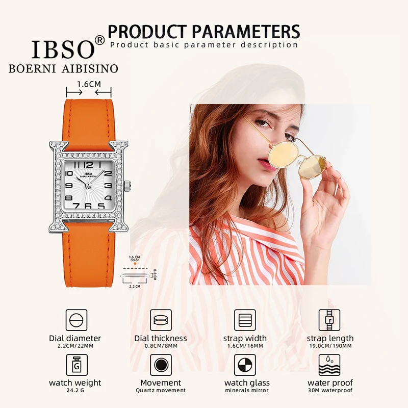 IBSO 2023 New Luxury Women Rectangle Watches Japanese Quartz Movement Ultra-Thin 3ATM Waterproof Full Diamond Genuine Leather