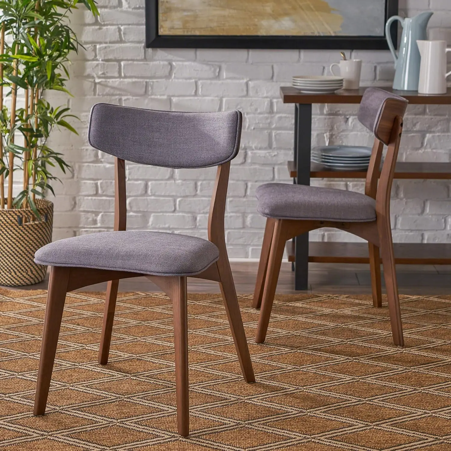 Knight Home Abrielle Mid-Century Modern Fabric Dining Chairs with Natural Walnut Finished Rubberwood Frame, 2-Pcs Set, Dark Grey