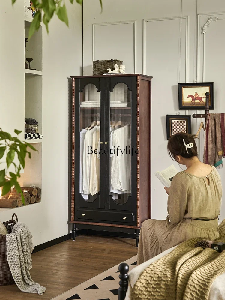 

P13French retro style solid wood wardrobe household bedroom small apartment wall storage cabinet locker