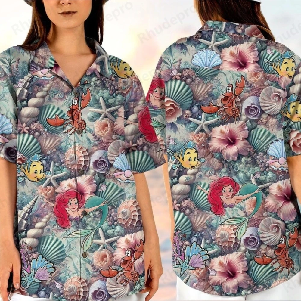 

Disney 2025 Summer New Hawaiian Shirts 3D Print The Little Mermaid Short Sleeve Shirt Hip Hop Men And Women Button Shirts