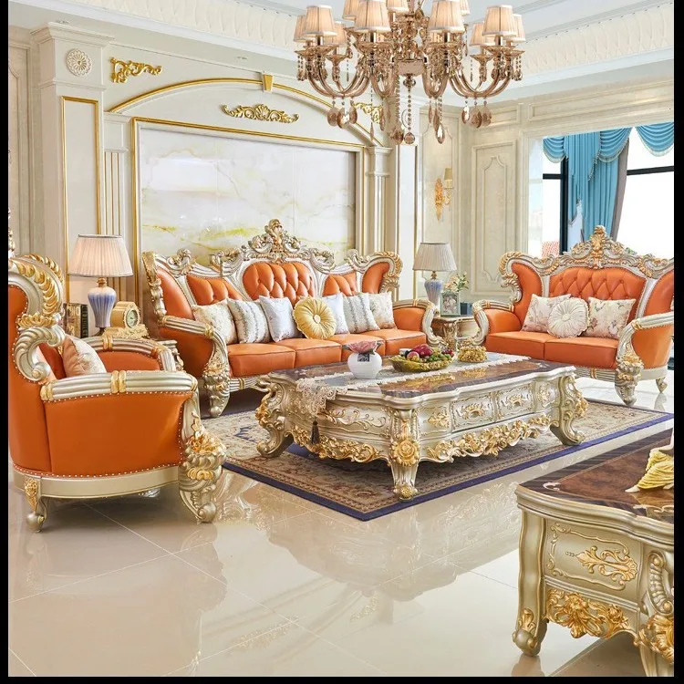 Sofa leather sofa luxury villa solid wood carving flower gold furniture living room combination