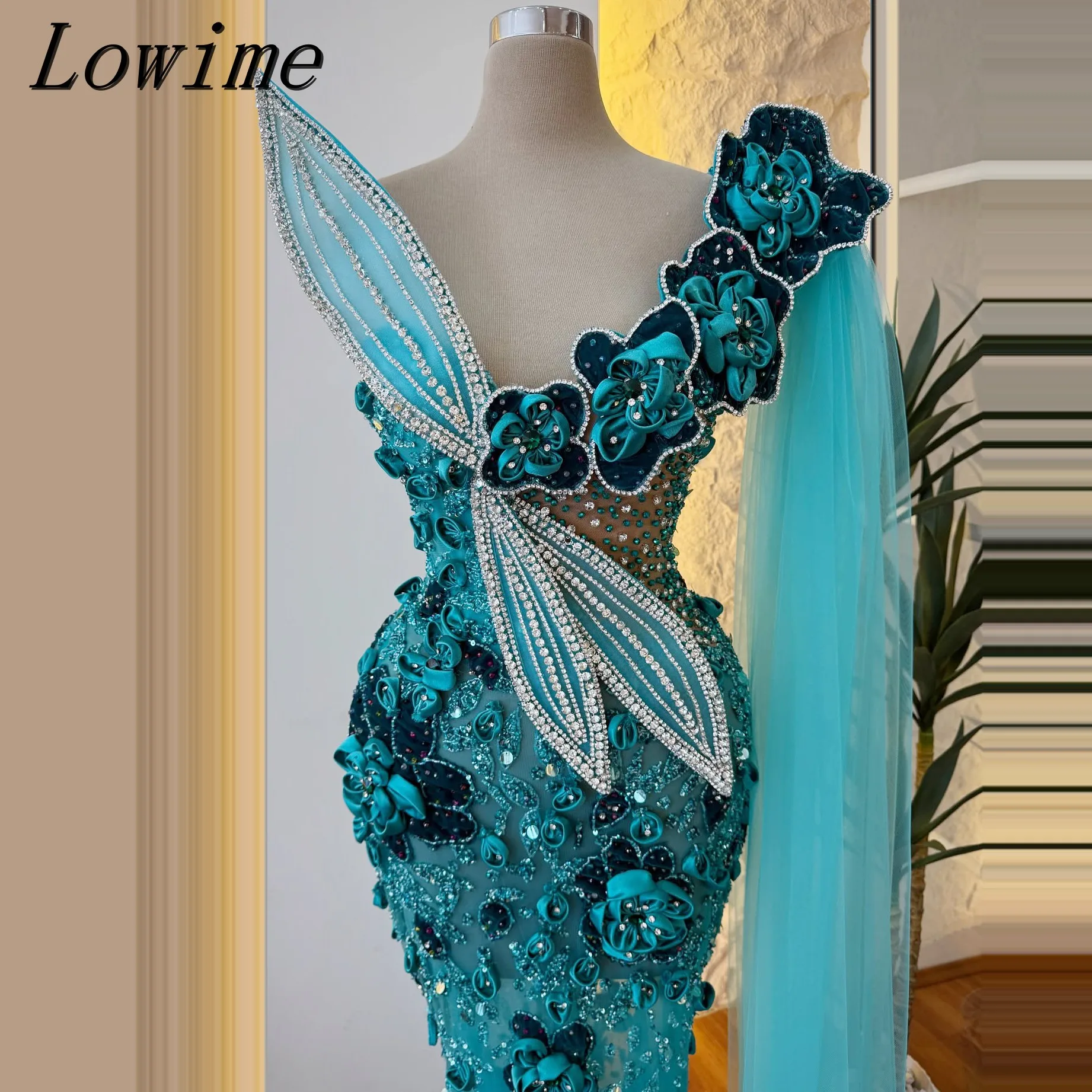 

Saudi Arabic 3D Flower Design Evening Dress Crystals Appliques Mermaid Formal Party Dress Custom Beaded Wedding Party Gowns