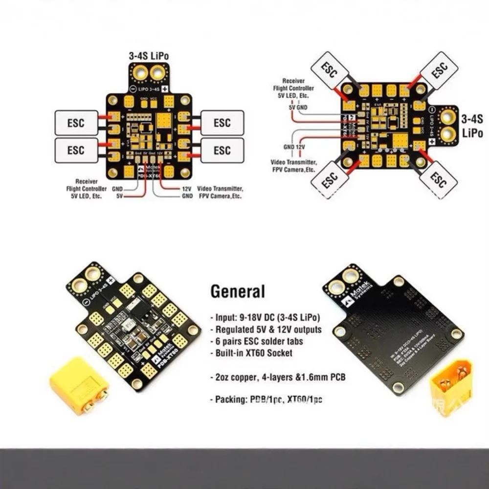 B-CUBE Niezawodny PDB XT60 - Podwójny BEC 5V/12V 4-warstwowa płytka PCB do helikopterów RC, dronów FPV, quadrocopterów, płytka rozdzielcza zasilania
