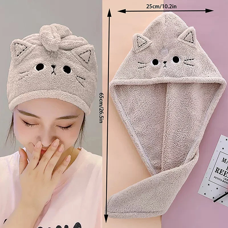Gorro de pelo de gato para mujer, toalla de pelo de lana de Coral, sombrero de secado rápido, Toalla de baño fuerte, absorbente de agua, envoltura